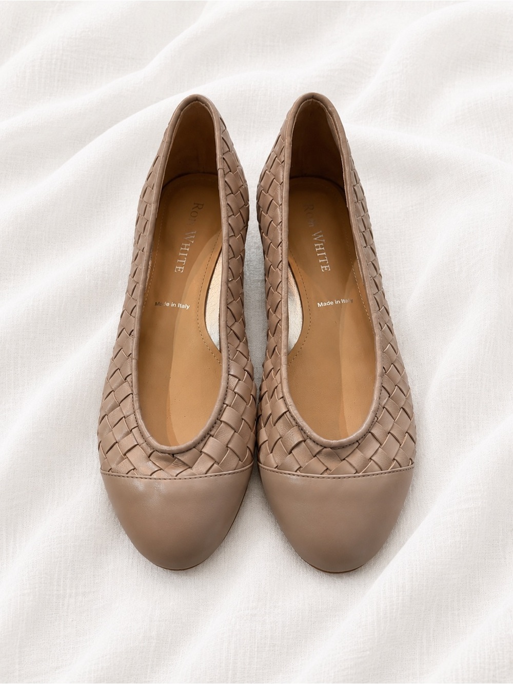 Leather Woven Ballet Flats in Taupe by Ron white